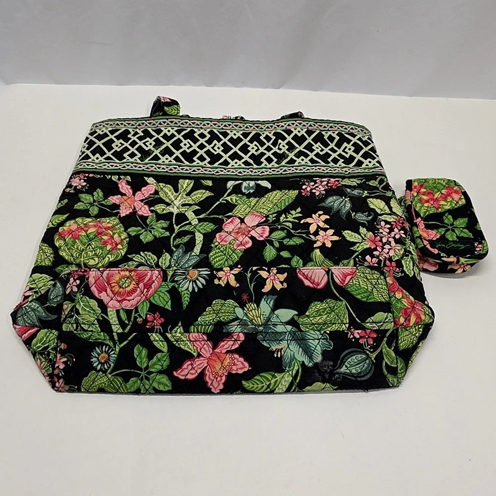 Vera Bradley Tote Bag Black Green Botanical Floral Quilted Purse w/Hanging Pouch